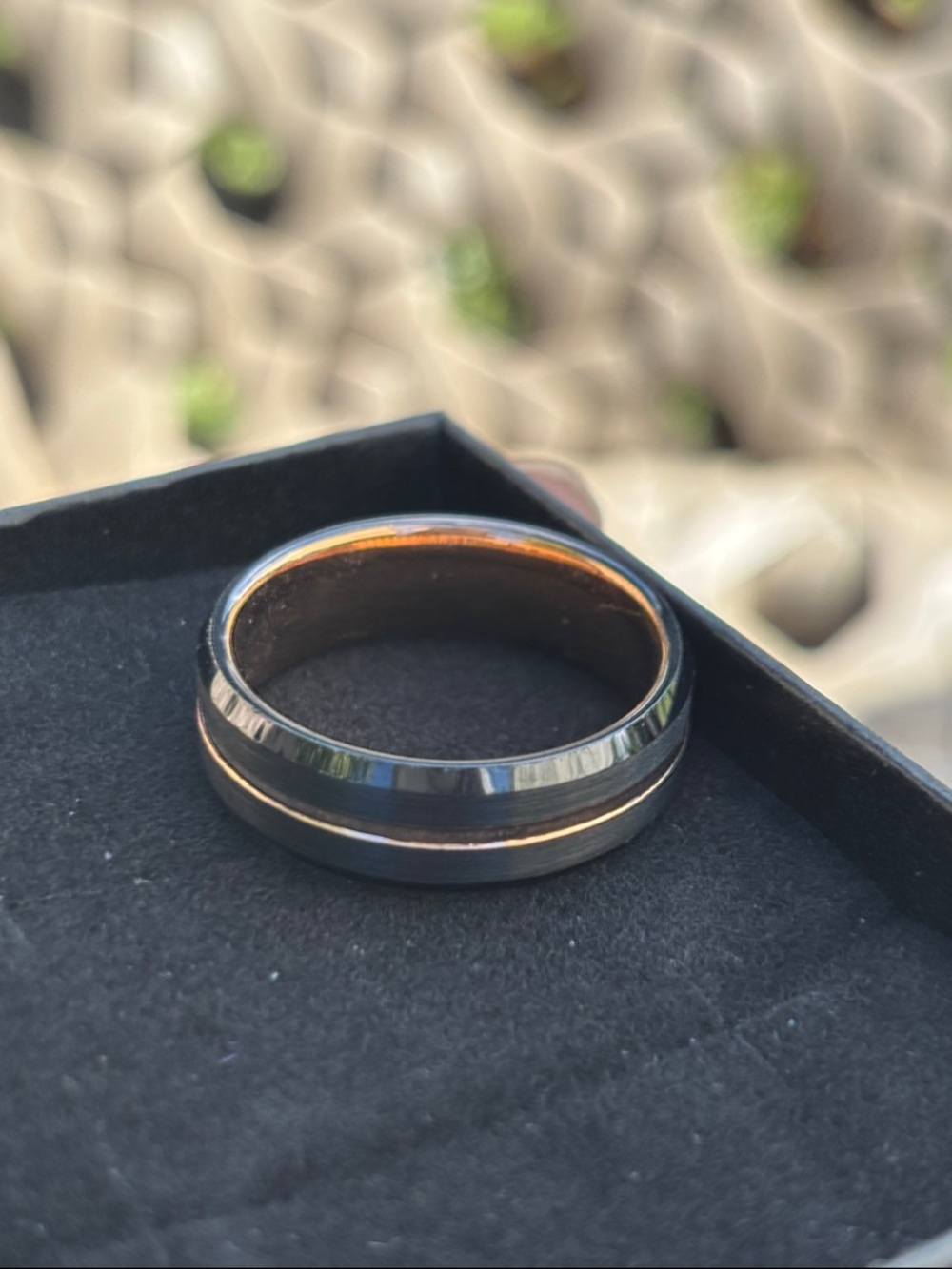 Men's Black Titanium Ring with Rose Gold Inlay Size 14